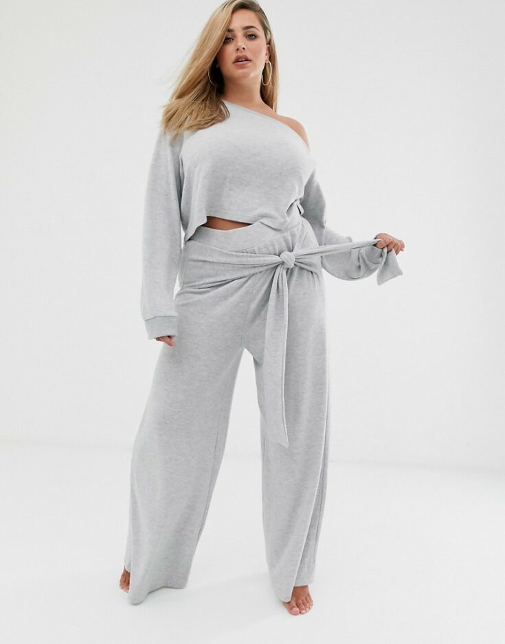 Loungeable mix match plus size wide leg tie front lounge pants in gray