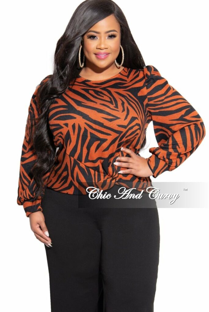 Plus Size Top with Twisted Front in Rust and Black Zebra Print
