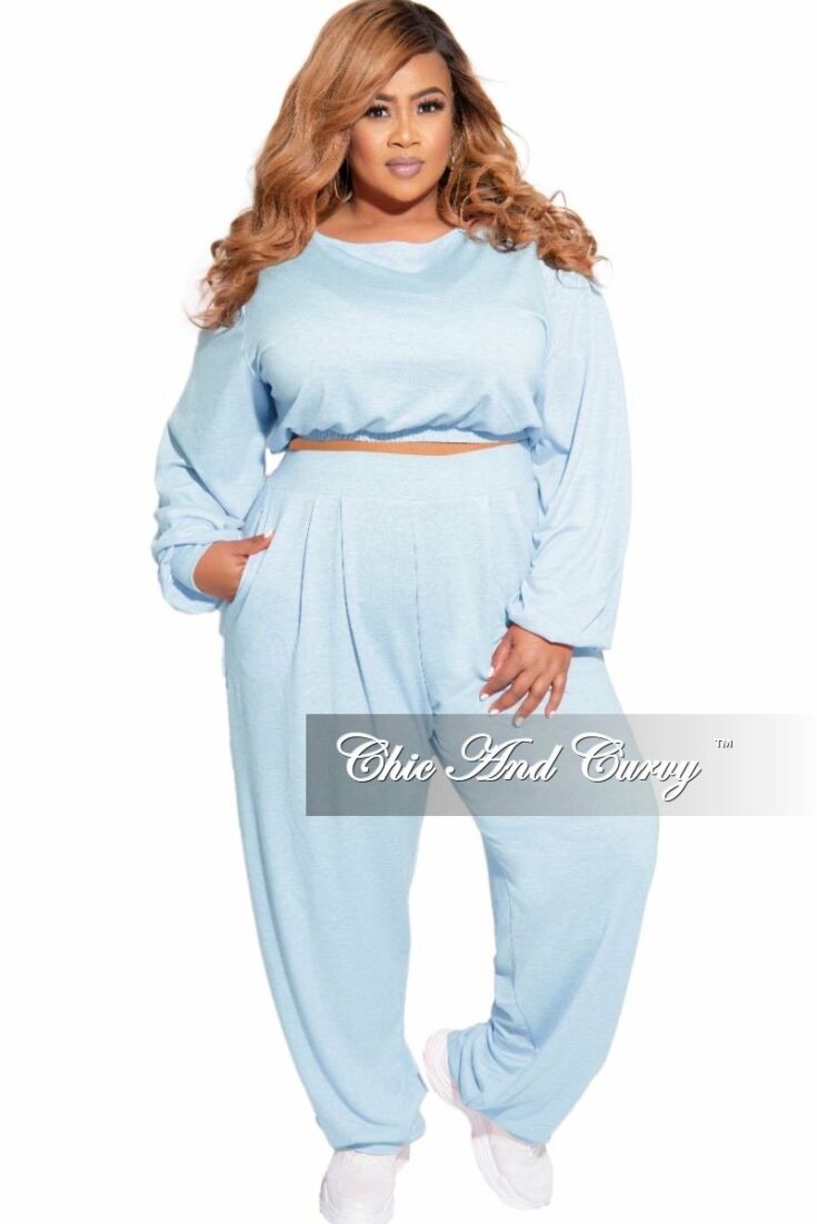 2 Piece Set Crop Top and High Waist Pant Set in Blue White French Terry Blend