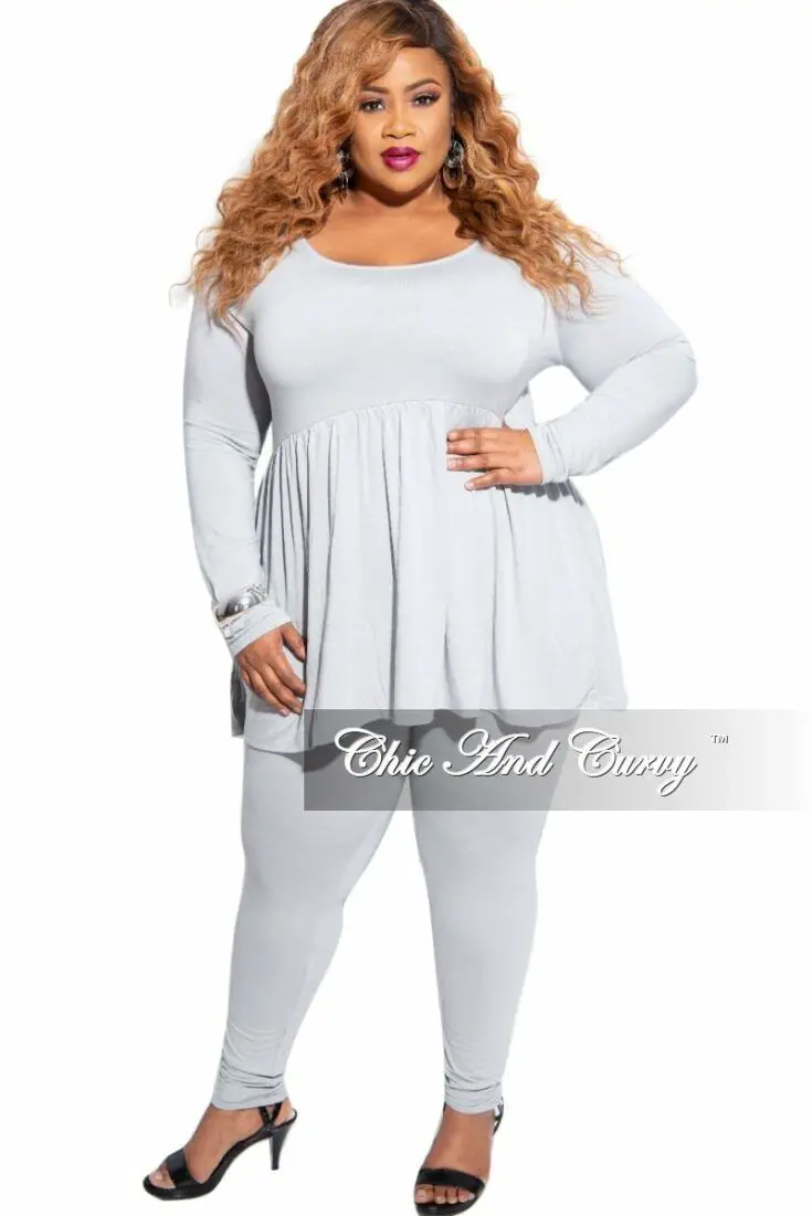Plus Size 2 Piece Baby Doll Top and Legging Set in Grey