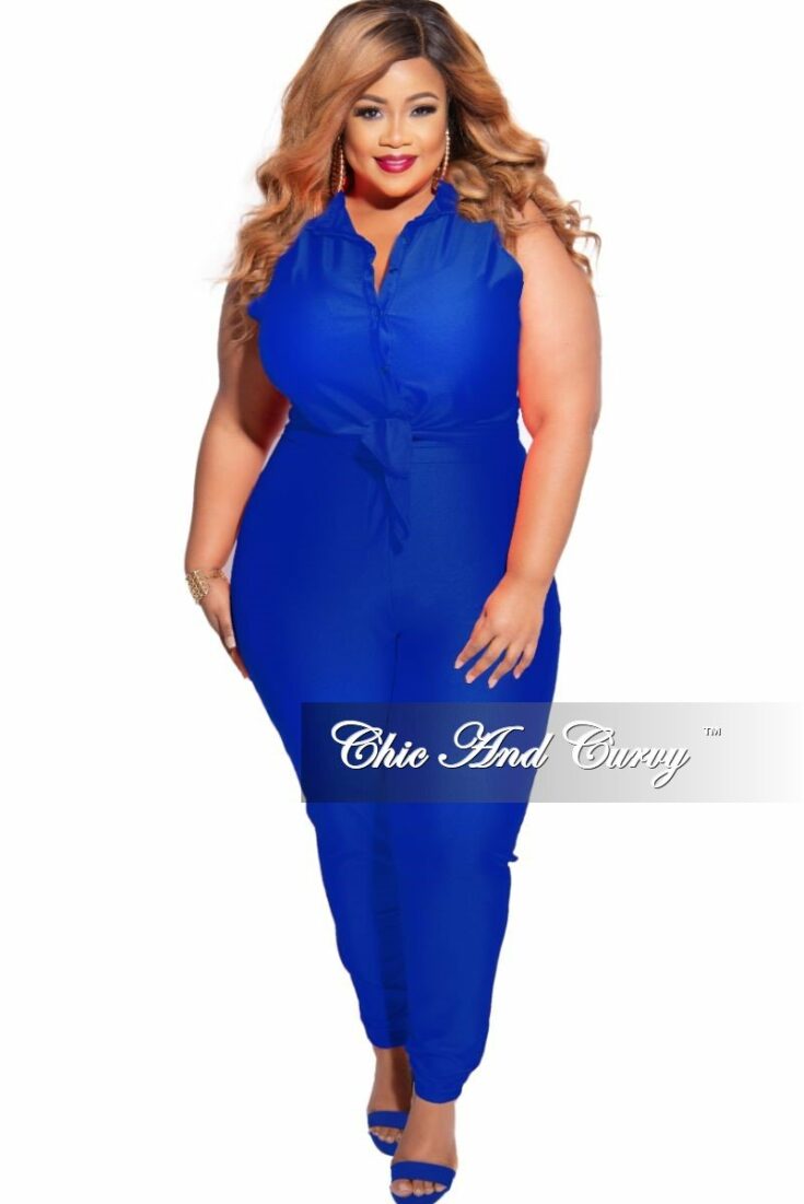 Plus Size 2 Piece Sleeveless Stretchy Crop Tie Top and High Waist Pant in Royal Blue