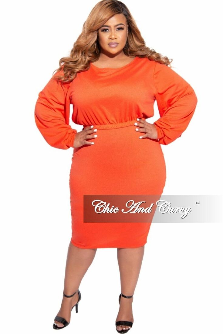 Plus Size Exclusive 2 Piece Set Long Sleeve Top and High Waist Pencil Skirt in Orange