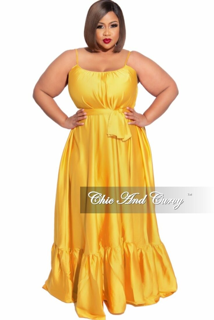 Plus Size Spaghetti Strap Peasant Maxi Dress with Tie in Mustard