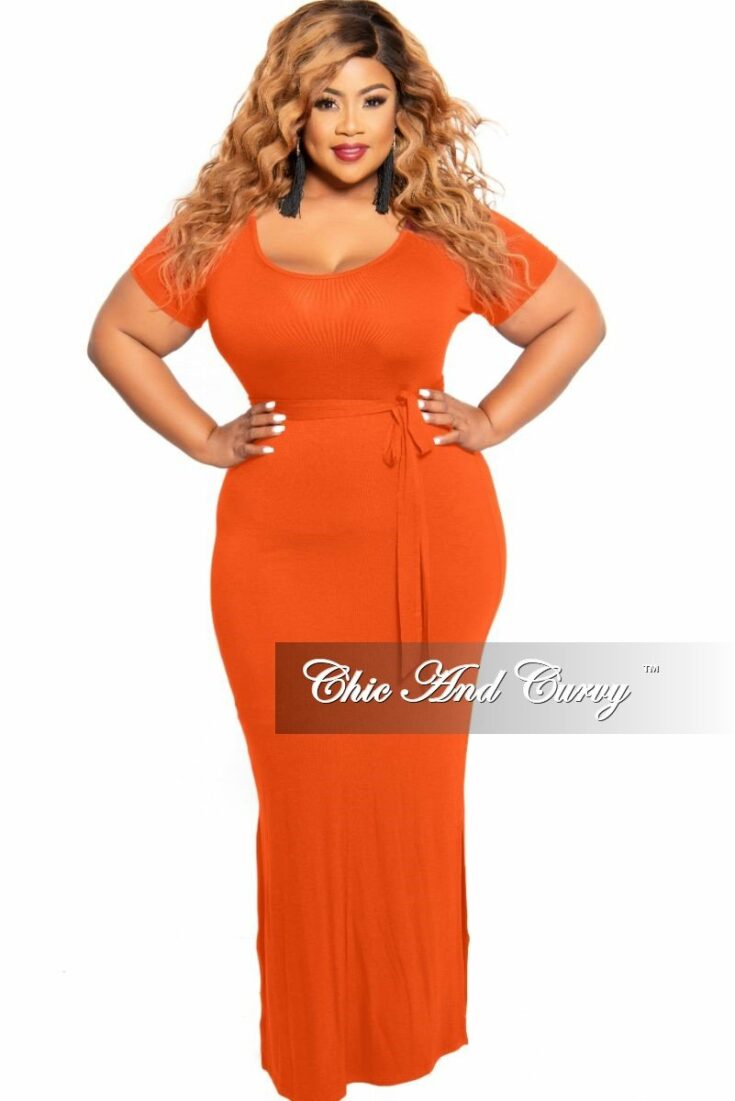 Plus Size Tie Maxi Dress with Side Slits in Burnt Orange