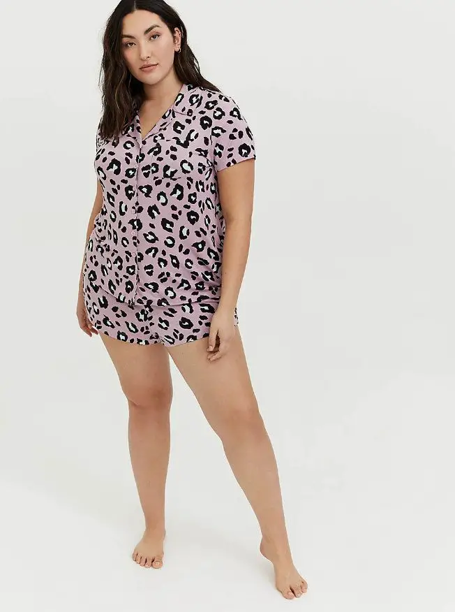 Mauve Pink Leopard Button Front Sleep Shirt