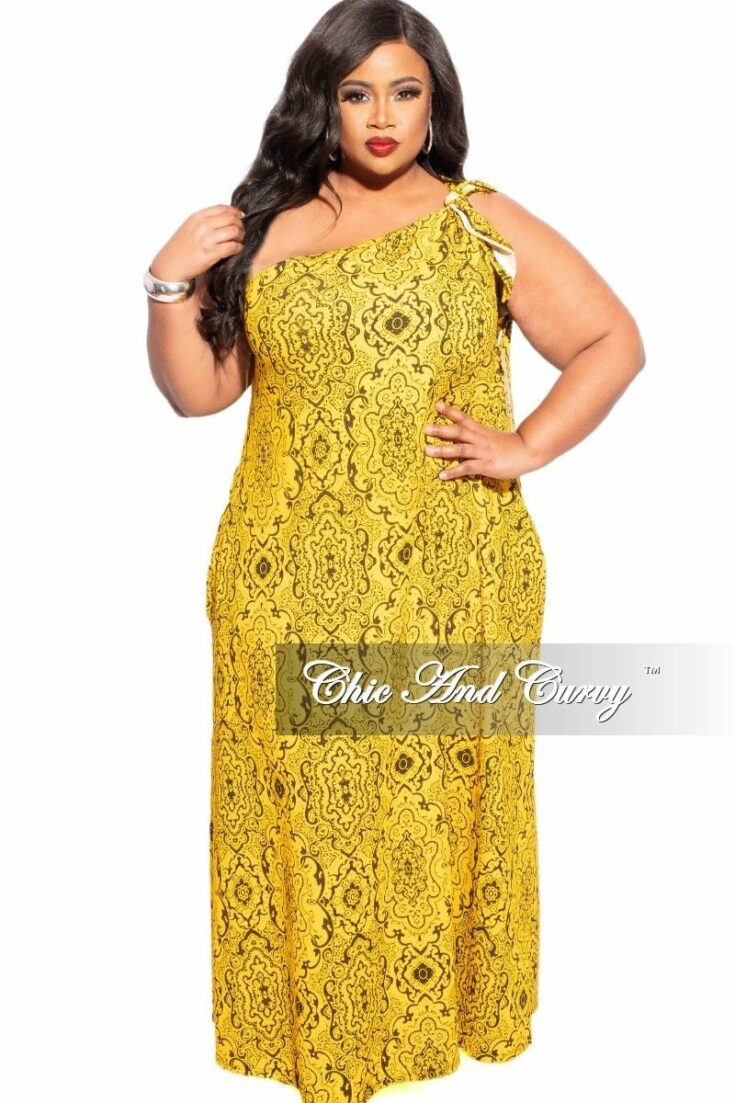 Plus Size One Shoulder Dress In Black with Mustard Print