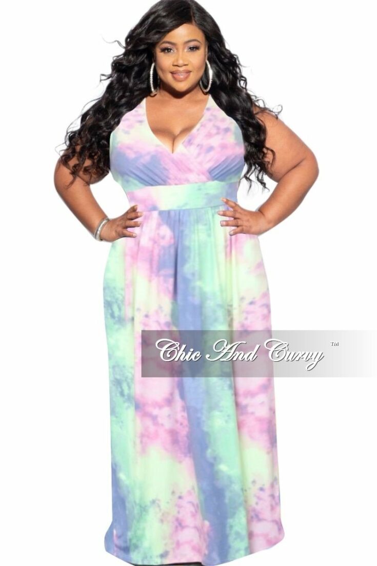 Plus Size Sleeveless Surplice Dress in Rainbow Cloud Print
