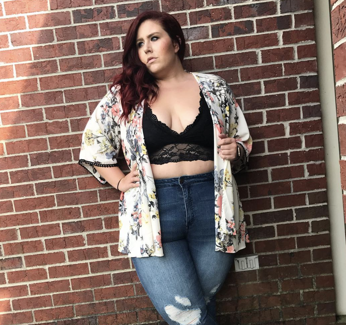 plus size bralette with a floral duster and blue jeans