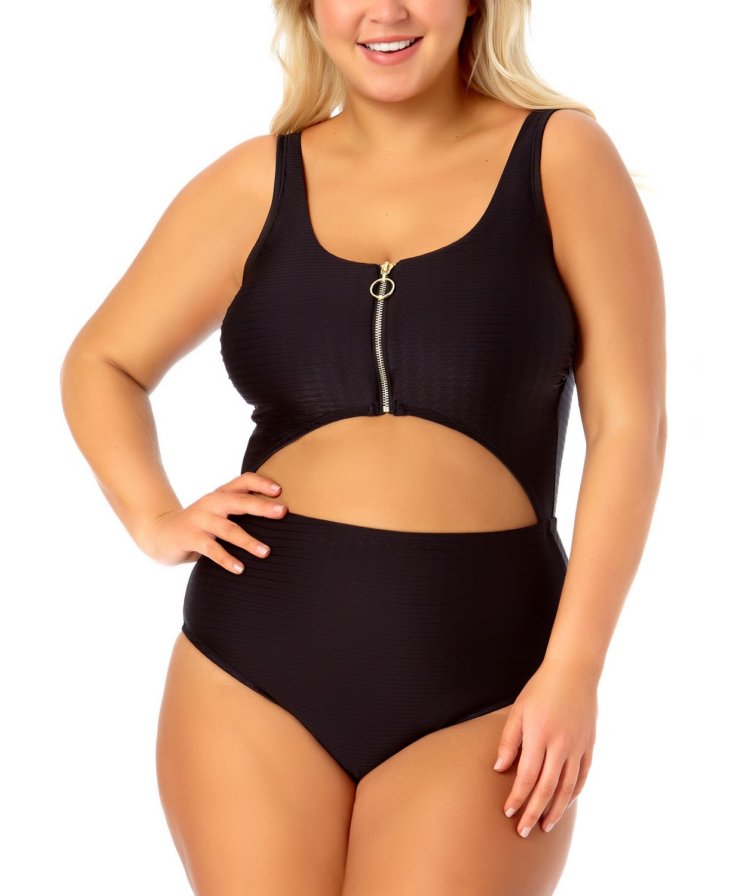 California Waves Trendy Plus Size One Piece Zip Front Swimsuit