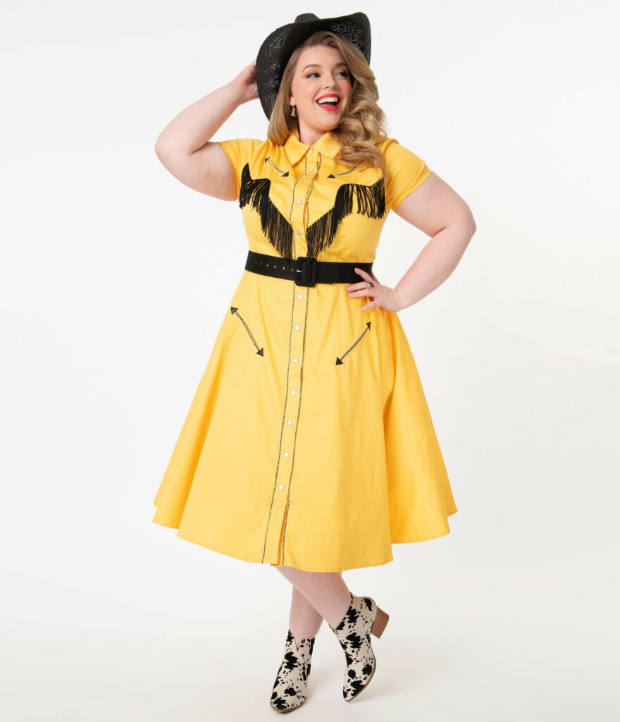 Unique Vintage Plus Size 1950s Mustard Madeline Swing Dress