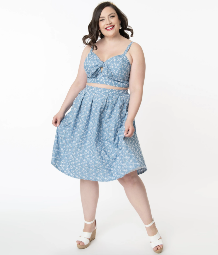 Unique Vintage Plus Size Chambray Floral Eyelet Jayne Swing Skirt