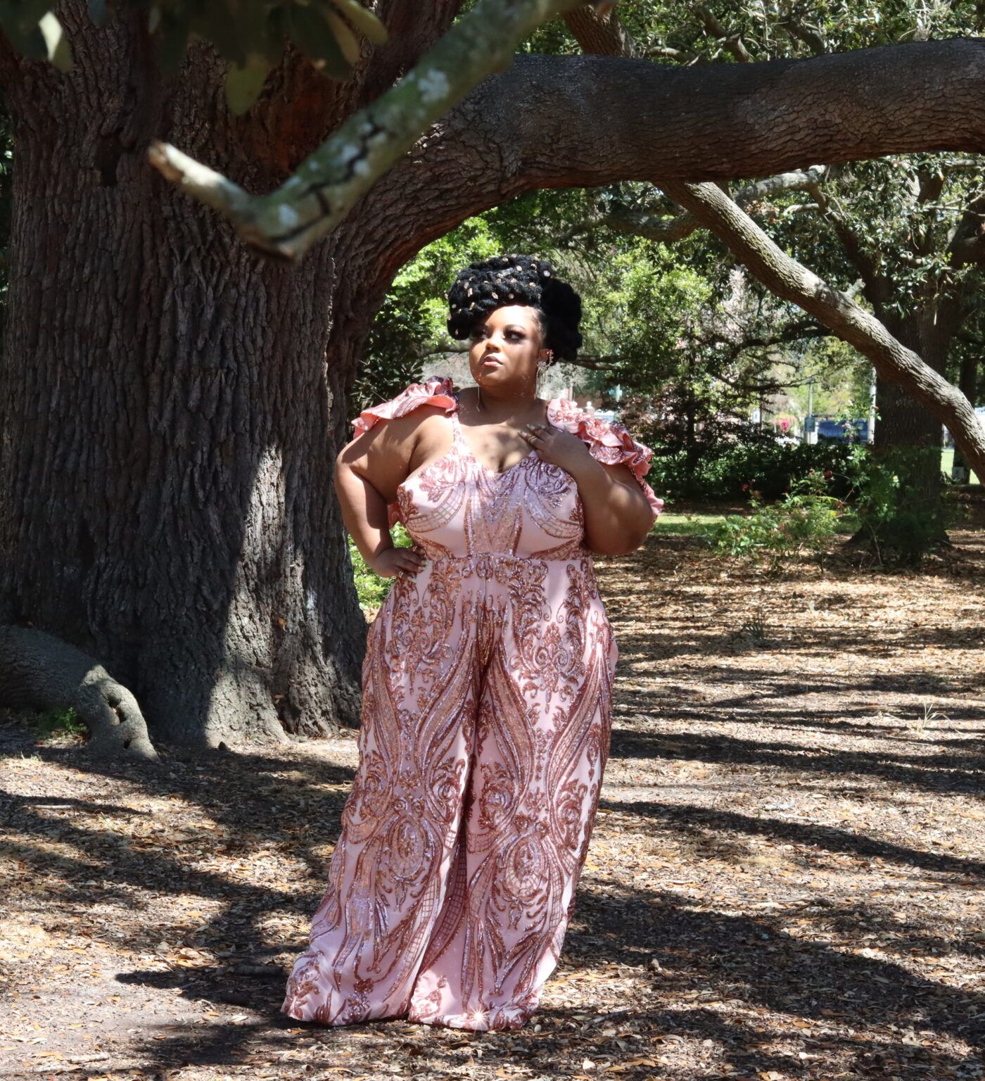 Courtney Noelle Plus Size Clothing Simone Pink Sequin Jumpsuit Front View