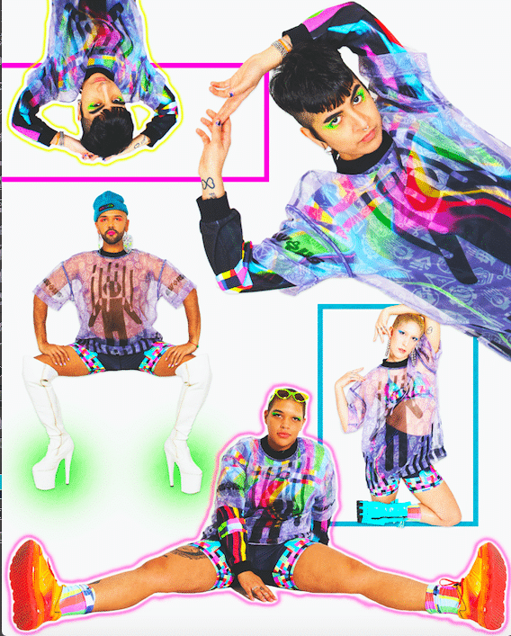 A photo featuring several MW+HS models wearing clothing items from this new line. they are featured in a variety of poses, and there are bright neon edits over them with bold filters and glow effects.