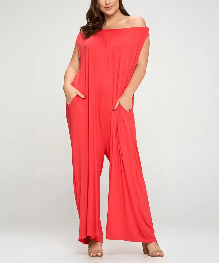 Coral Off-Shoulder Pocket Jumpsuit - Women & Plus