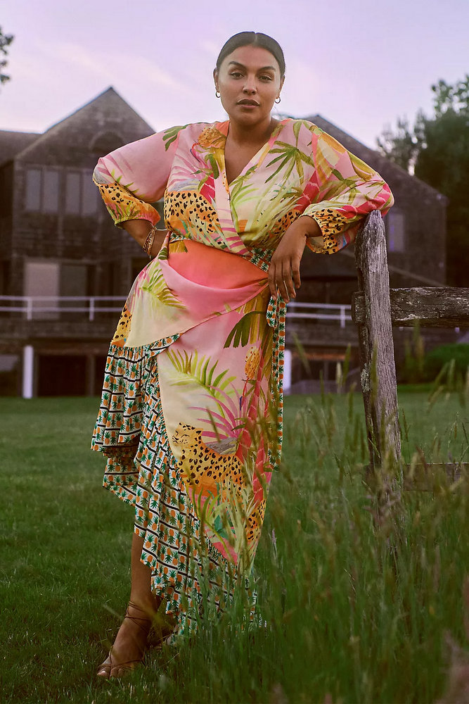 Plus size tropical prints- Farm Rio Tropical Wrap Maxi Dress By in Pink