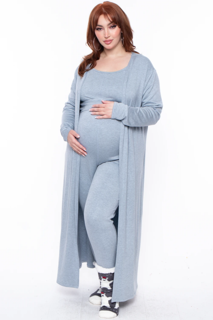 Plus size and Pregnant plus size maternity options- ANNA K JUMPSUIT WITH LONG CARDIGAN at BumpBiddy.com