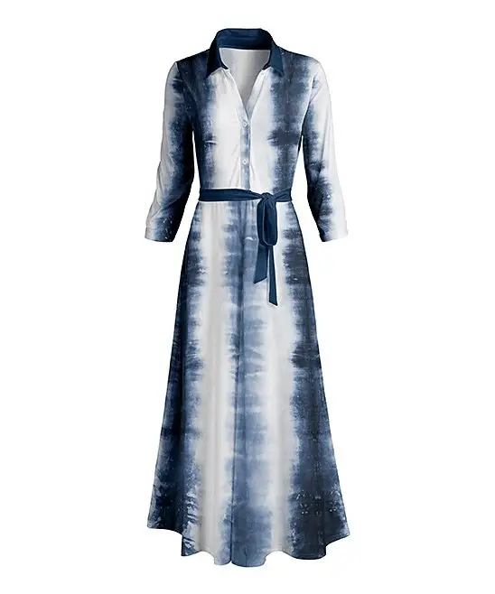 Navy & White Tie-Dye Tie-Waist Maxi Shirt Dress -