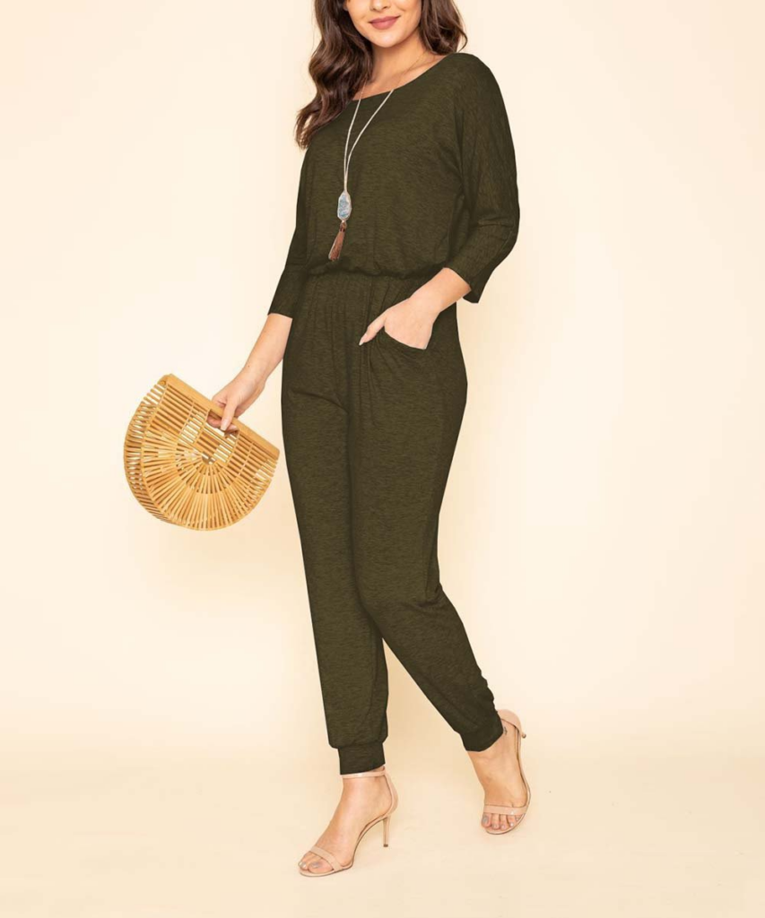 Olive Three-Quarter Sleeve Blouson Jumpsuit - by egs by eloges
