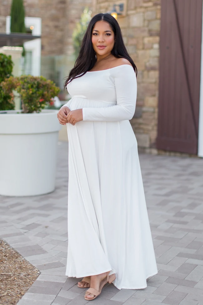 PinkBlush Ivory Solid Off Shoulder Plus Size Maternity Maxi Dress