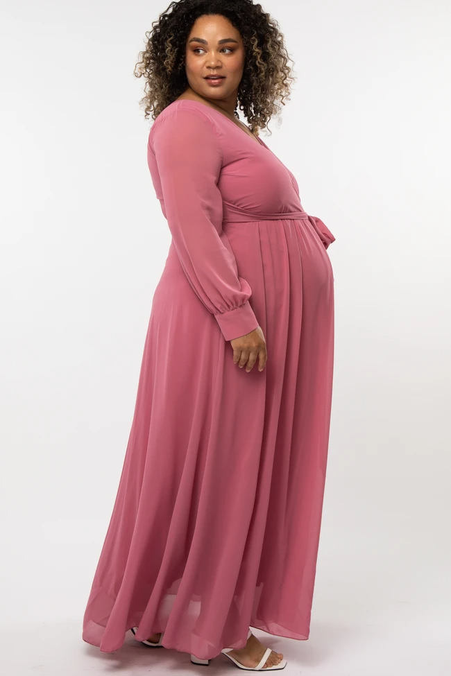 Salmon Chiffon Long Sleeve Pleated Plus Maternity Maxi Dress
