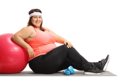 image of a plus size woman leaning on an exercise ball with weights
