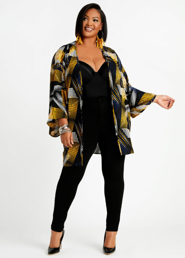 Ashely Stewart dot colorblock kimono jacket in yellow, black, white and rust colors. 