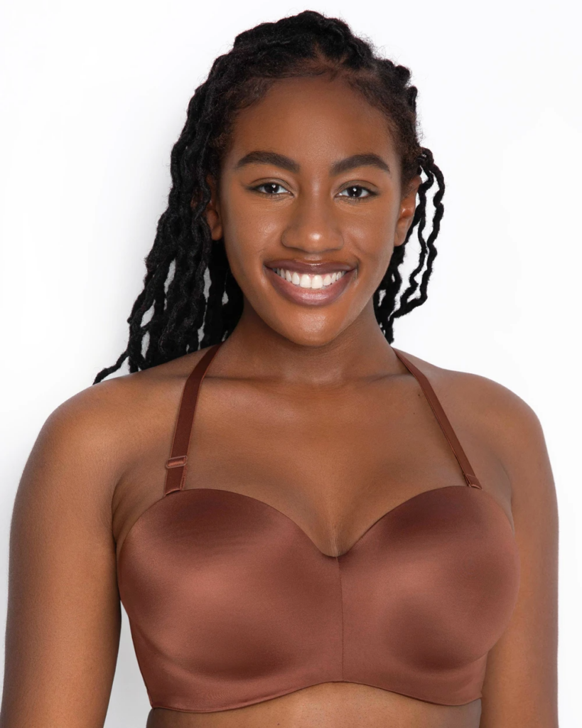 image of a woman wearing the curvy couture strapless bra 