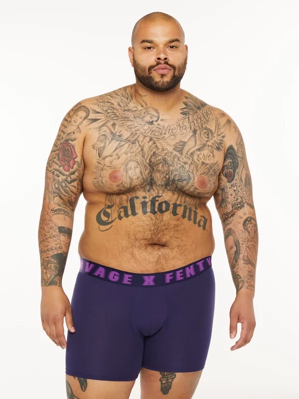 a plus size man wearing a logo printed boxer short 