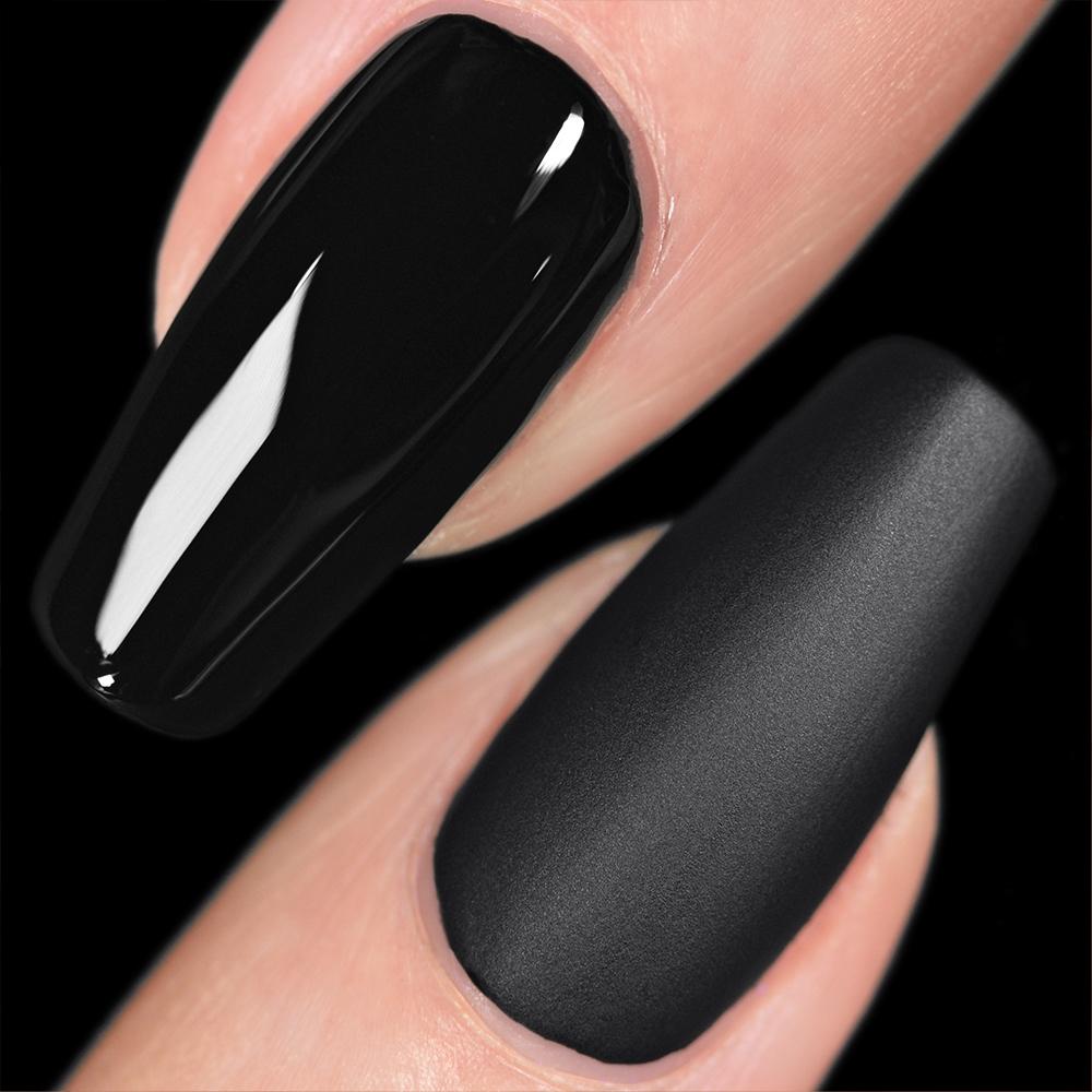 some of the coolest fall nail trends- a side by side photo of glossy and matte black nails 