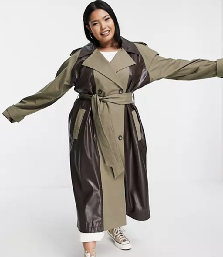 ASOS DESIGN Curve faux leather spliced trench in brown