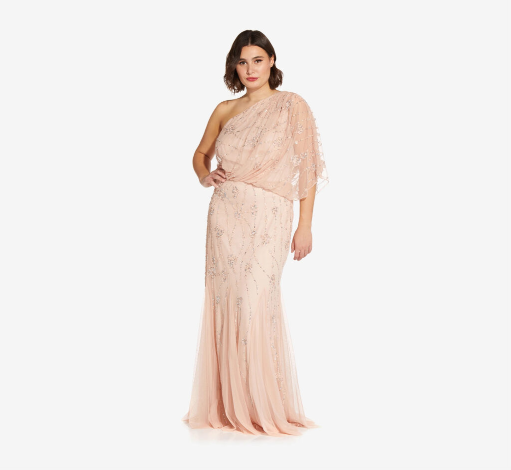 Adrianna Papell Plus Size One Shoulder Beaded Gown