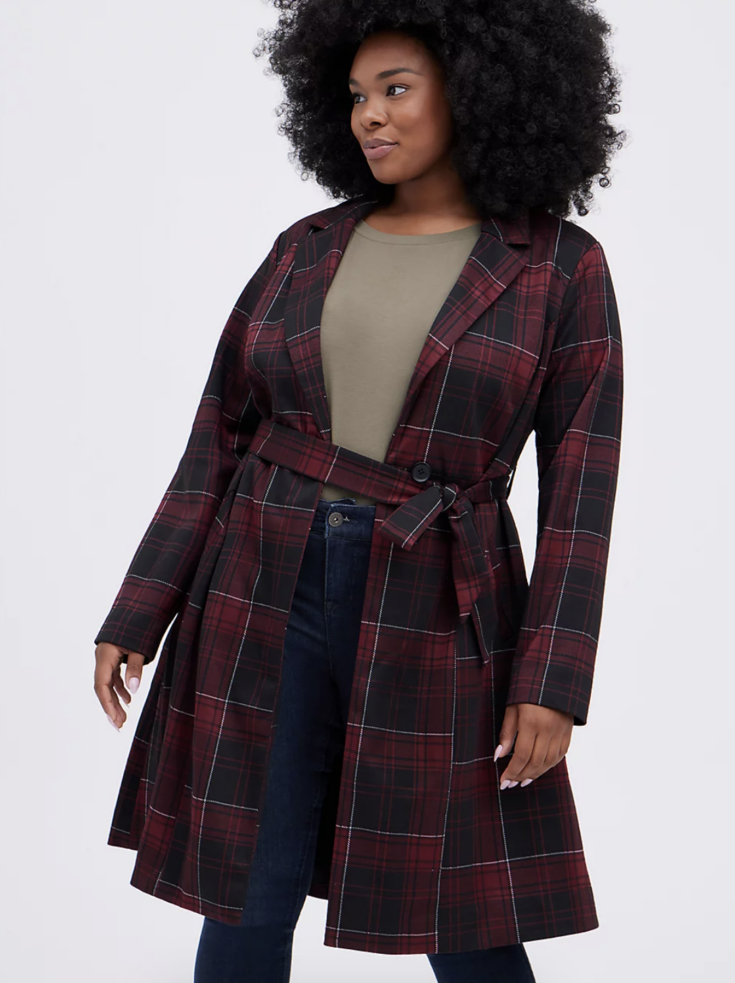 Longline Trench Coat Double Knit Plaid Red