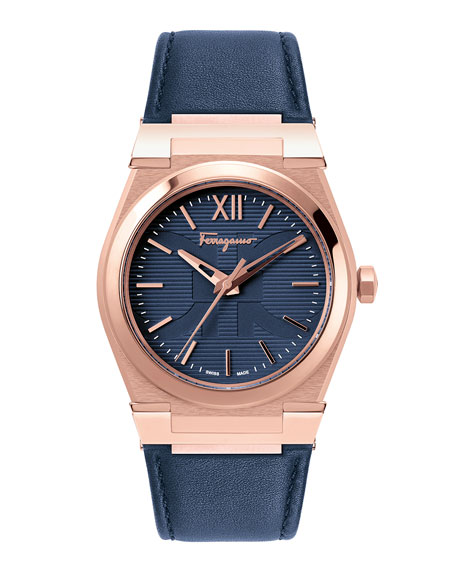 Salvatore Ferragamo Mens 40mm Vega Gent Rose Gold Watch w Leather Strap.