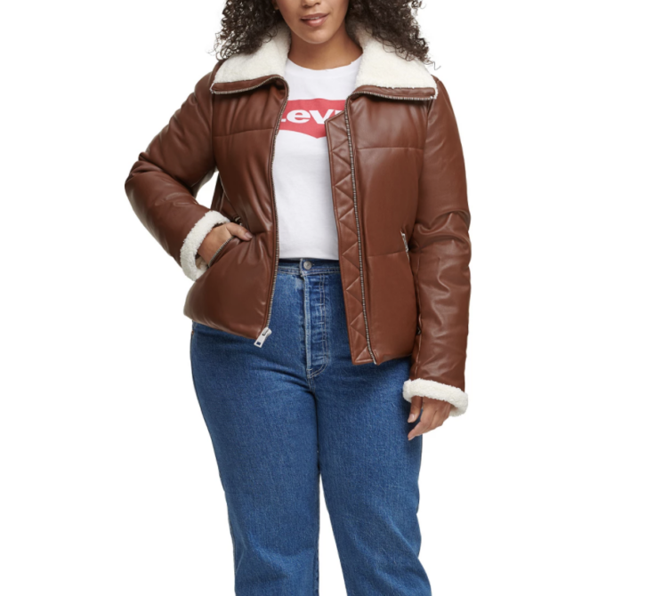 Trendy Plus Size Sherpa Trimmed Faux Leather Puffer Coat