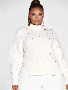 Carine Rhinestone Split Hem White Sweater