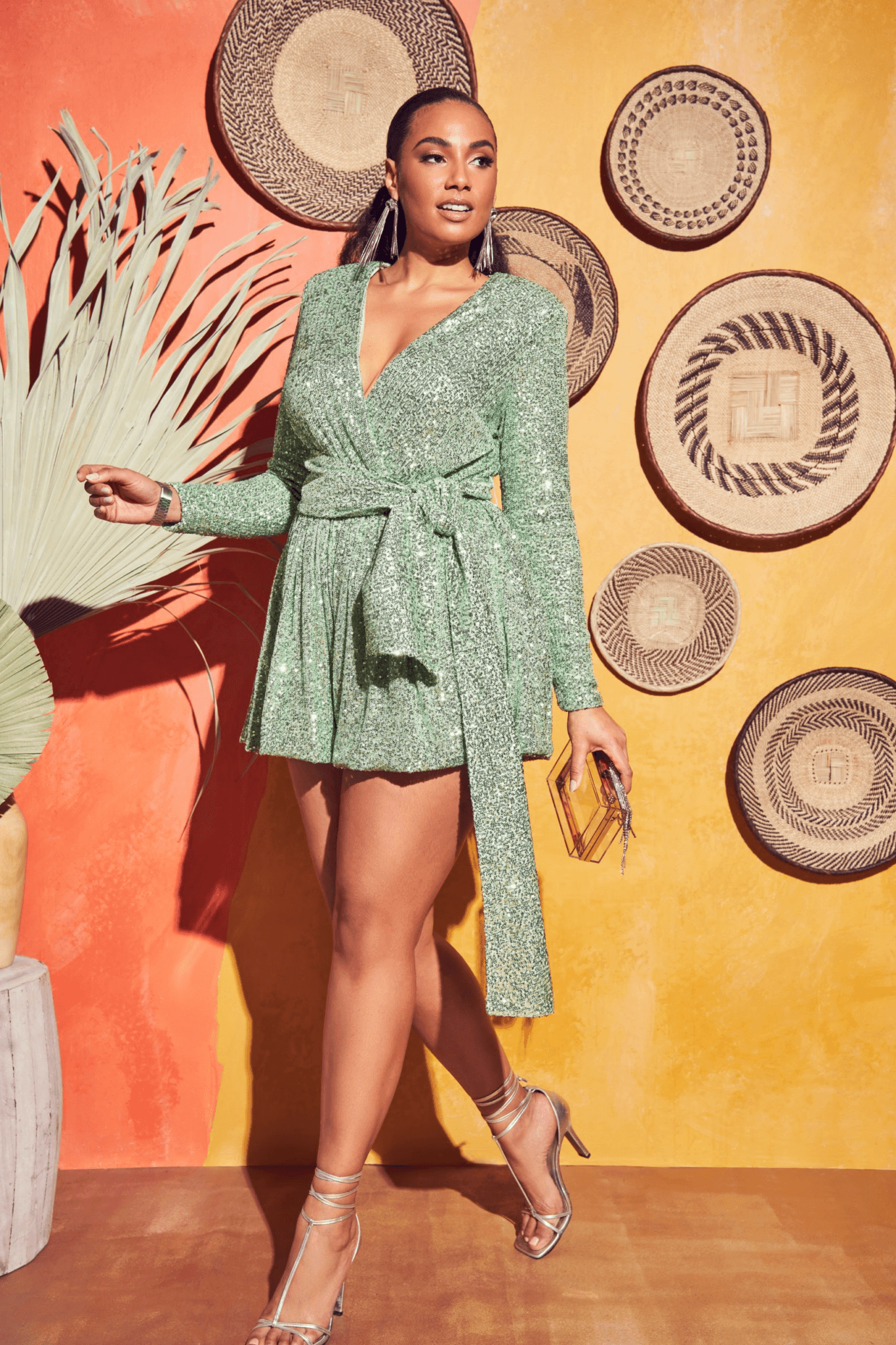 sequins romper with tie