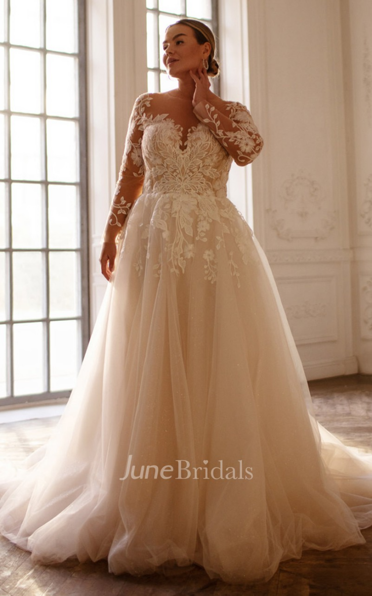 Romantic Bateau Ball Gown Lace Sweep Train Wedding Dress with Appliques 1