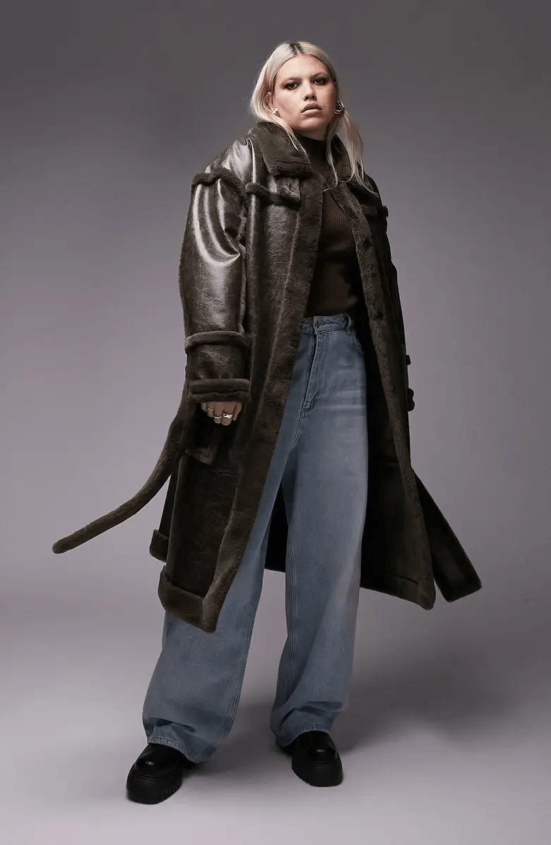 TOPSHOP Curve Faux Fur Trim Longline Aviator Coat