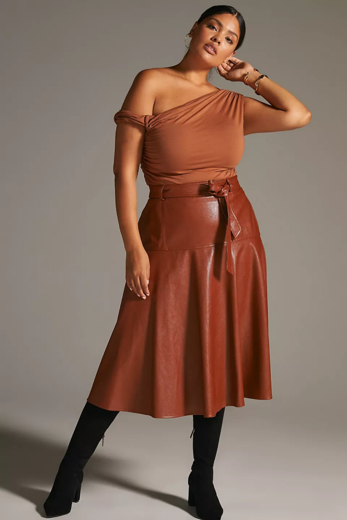 Eva Franco Faux Plus Size Leather Belted Midi Skirt