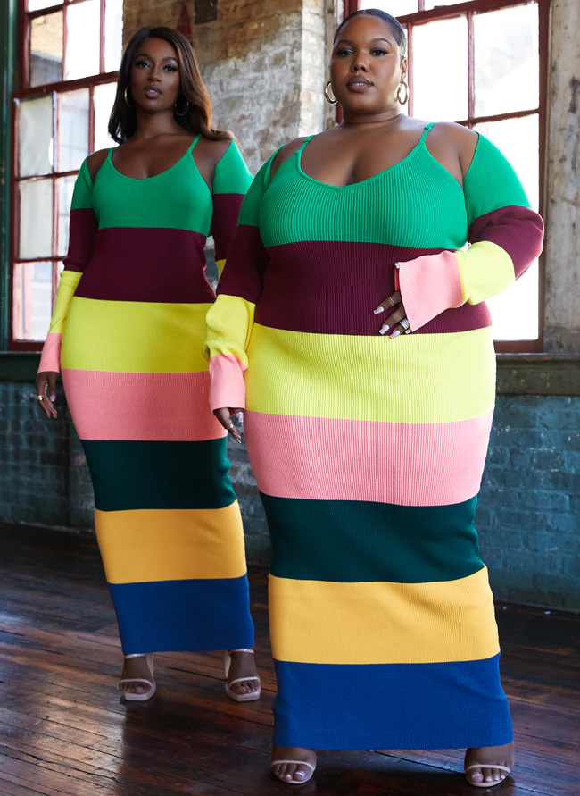 Evangelina Rainbow Stripe Sweater Maxi Bodycon Dress Cropped Cardigan Set 1