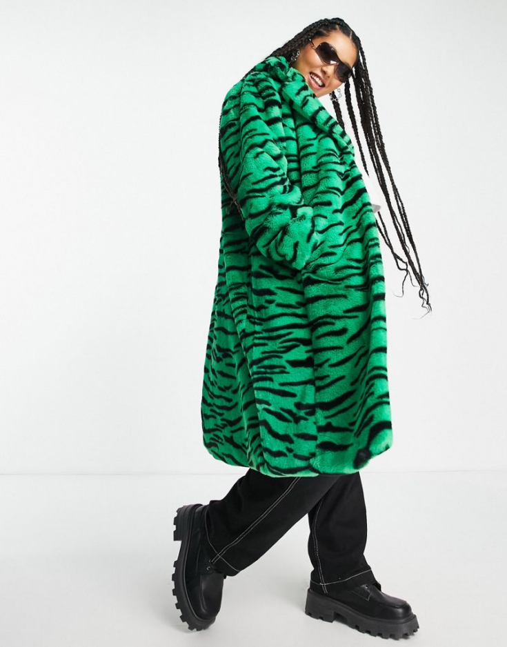 Girlfriend Material Curve faux fur tiger print longline coat in jade green 1 1