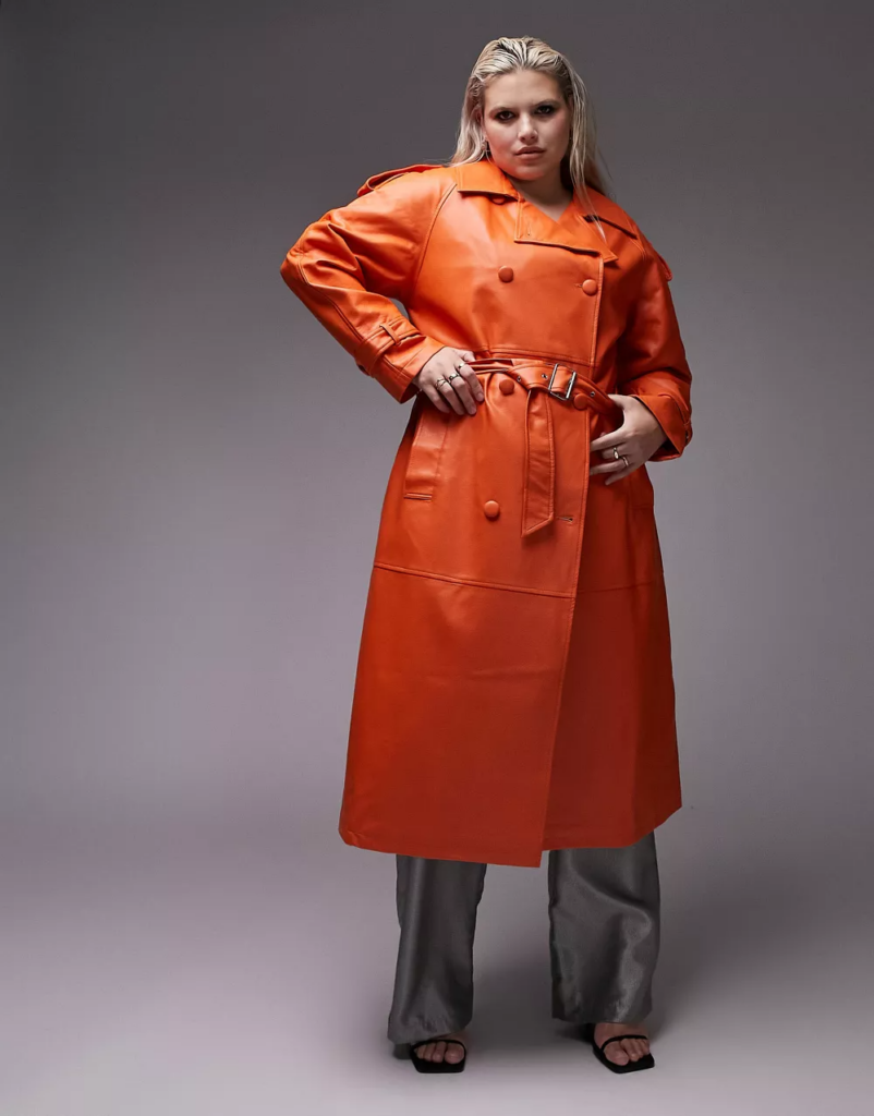 Topshop Curve longline faux leather trench in orange
