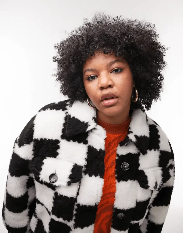 Topshop Curve teddy borg checkerboard longline coat in mono