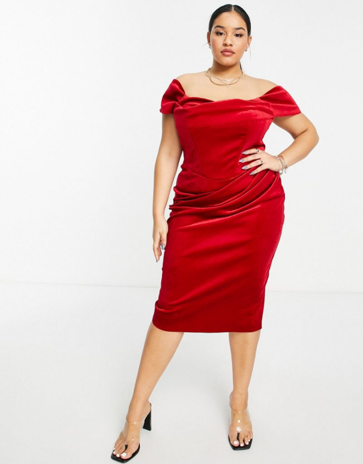 ASOS DESIGN Curve drape bardot corset velvet pencil midi dress in red 1 1