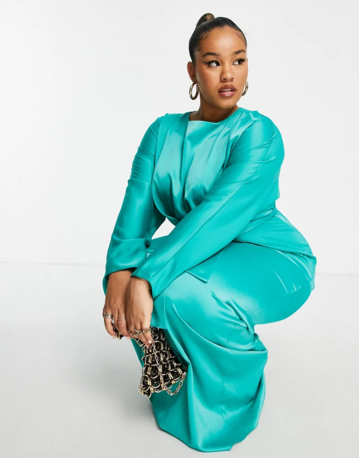 ASOS DESIGN Curve satin maxi dress with batwing sleeves and wrap waist in green 1 1