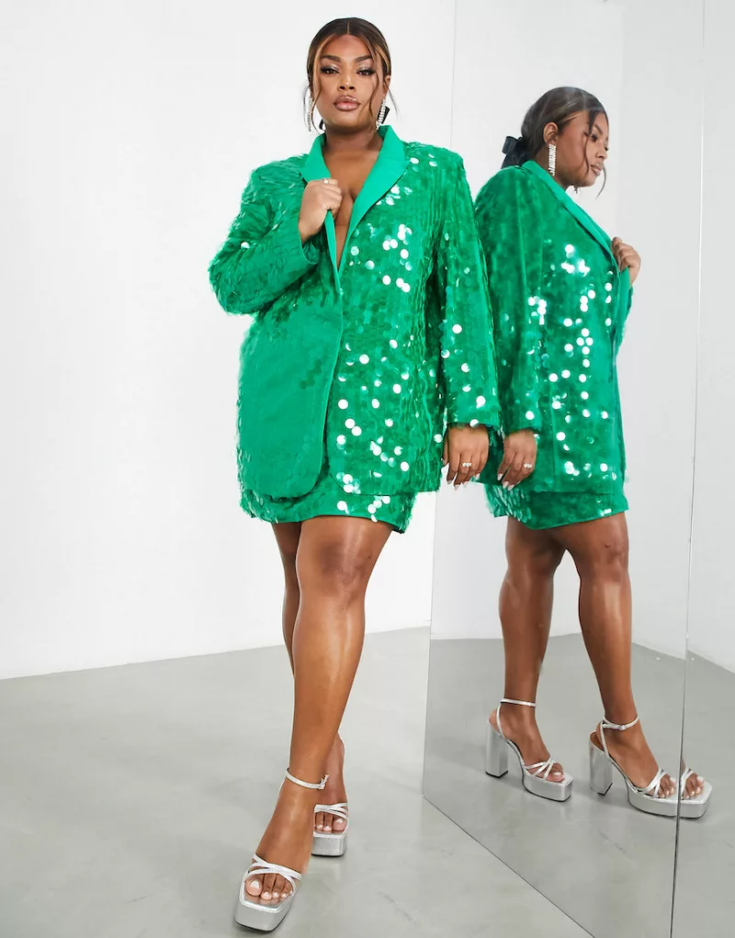 ASOS EDITION Curve sequin oversized blazer mini skirt in green MGREEN 1