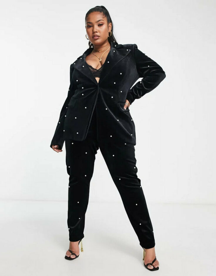 ASOS LUXE Curve pearl velvet suit fitted blazer in black 1