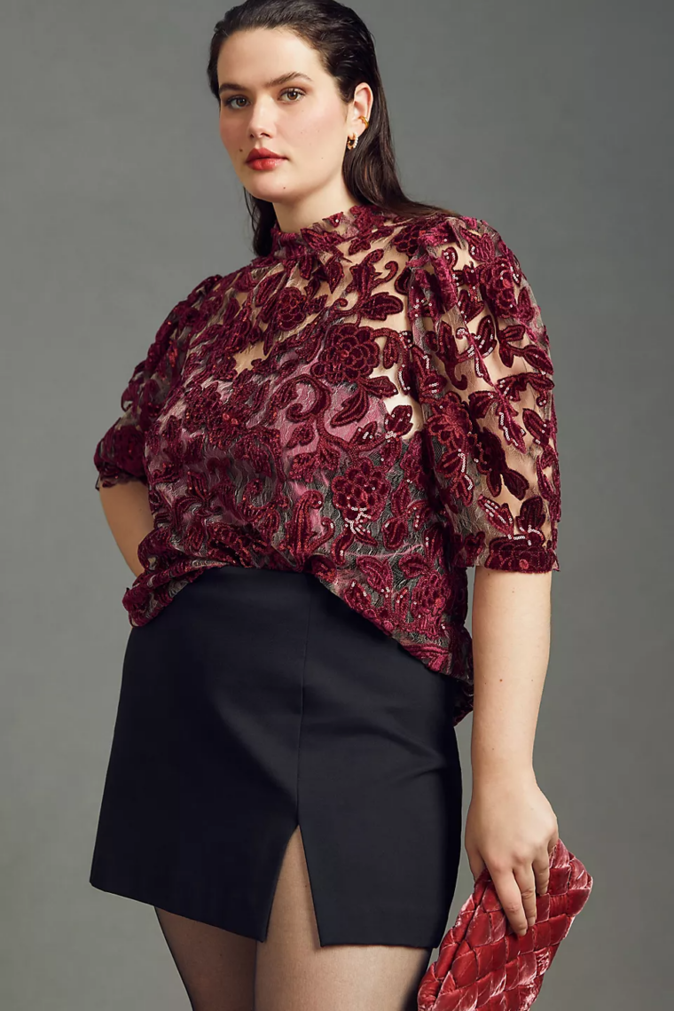 By Anthropologie Velvet Cutwork Blouse and Cami Set