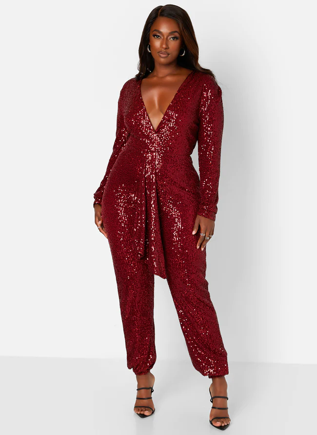 Empowered V Neck Long Sleeve Sequin Jumpsuit red 1