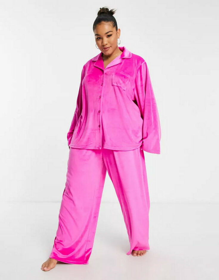 Loungeable Curve super soft velour revere pajama set in hot pink 2